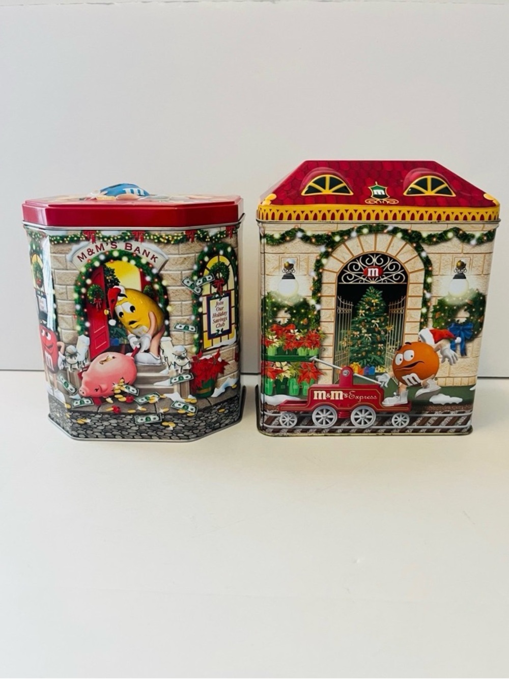 M&M's Lot of 2 Vintage Christmas Village Holiday Tins M&M's Bank & Train Depot
